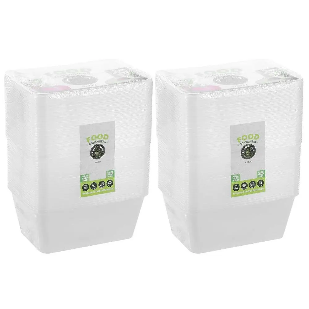 2x 25PK Lemon & Lime Reusable 1L Rectangle Food Container/Storage w/ Lid Clear - Home & Garden