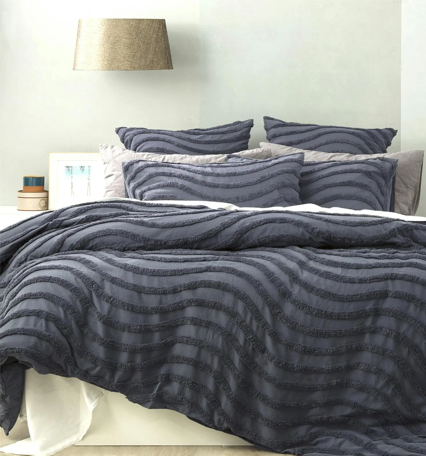Cloud Linen Wave 65cm Pillowcase Cotton Chenille Vintage Washed Tufted Euro Blue - Home & Garden