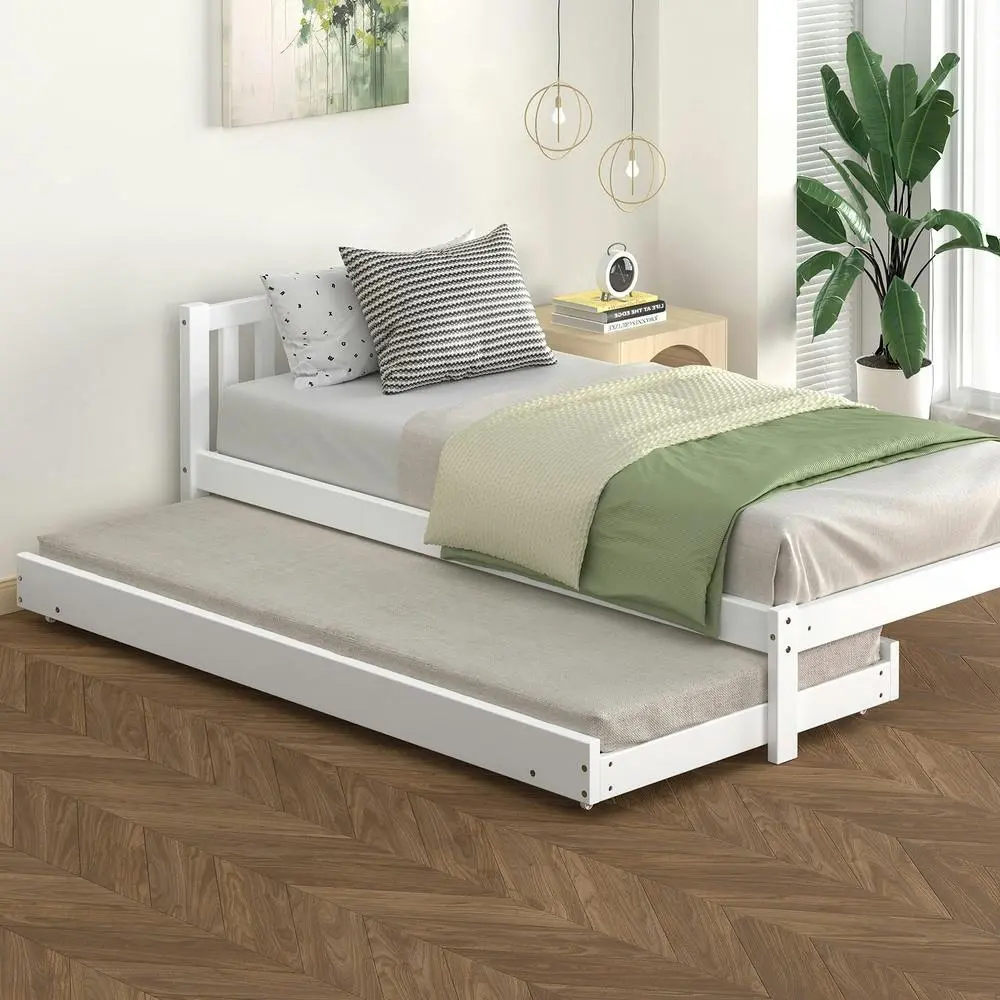 Alfordson Bed Frame 2x Single Size Trundle Wooden Mattress Base Timber White - Furniture