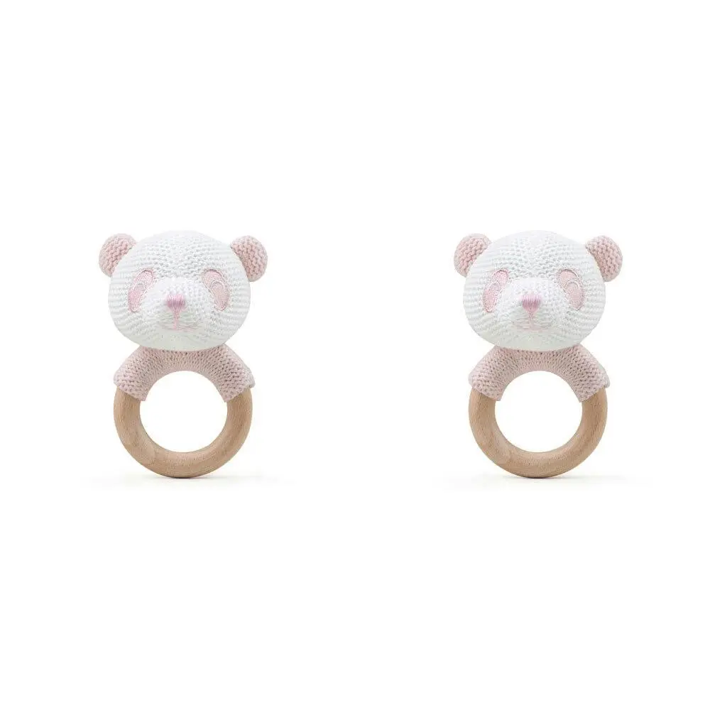 2x The Peanutshell Panda Wood Ring Teether 13cm Baby Teething Animal Toy Pink 0+