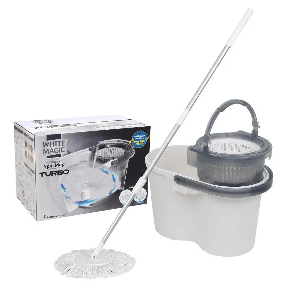 White Magic Hand Press Turbo Microfibre Spin Mop w/ Bucket Floor Surface Cleaner - Home & Garden