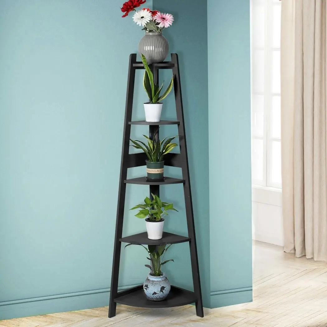 Levede 5 Tier Corner Shelf Wooden Storage Home Display Rack Plant Stand Black - Furniture