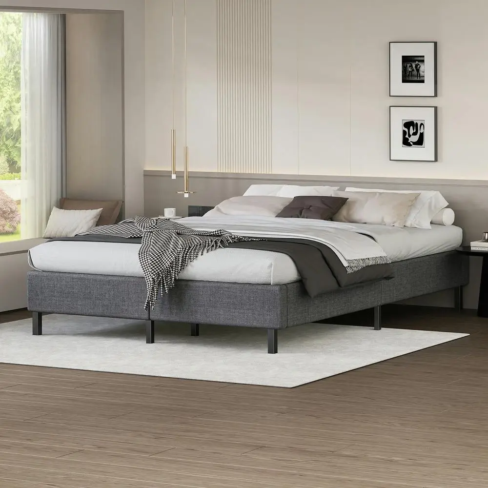 Alfordson Bed Frame Double Size Mattress Base Foundation Grey Fabric BASIM - Furniture