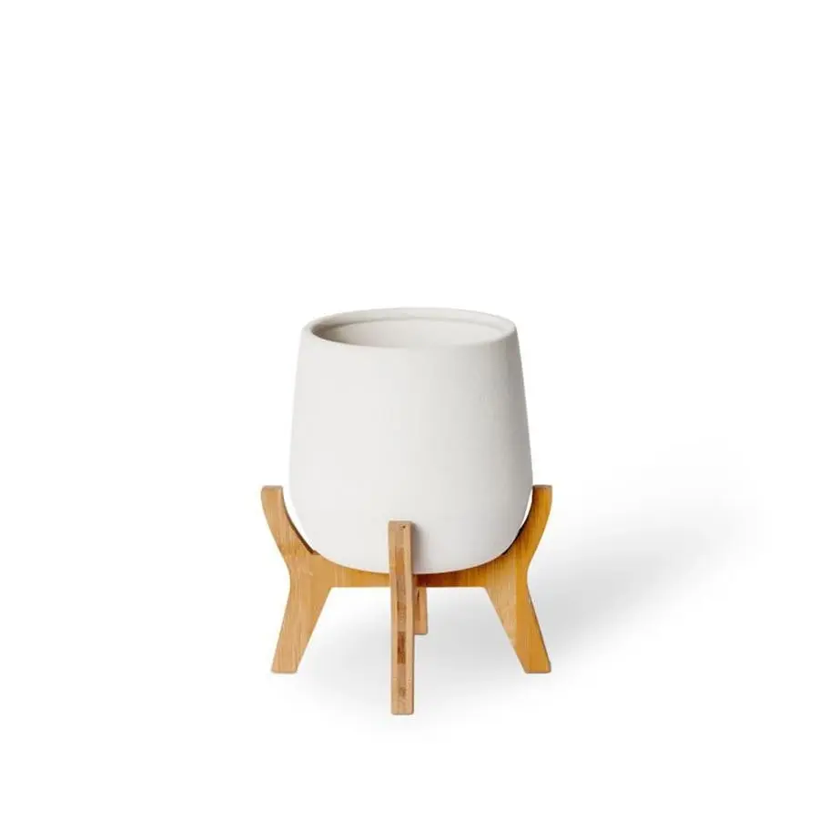 E Style Lawson 26cm Ceramic/Wood Plant Pot w/ Stand Round Home Decor White - Home & Garden