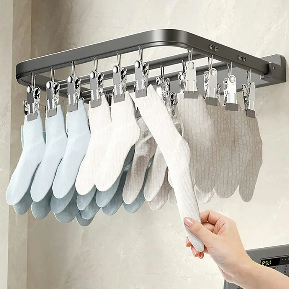 Folding Cloth Hanger Laundry Underwear Sock Clip Wall Mounted Cloth Drying Rack - Home & Garden