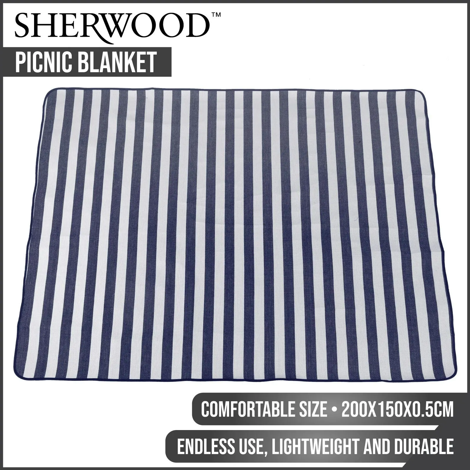 Sherwood Home Picnic Blanket Blue and White Striped 200x150cm - Home & Garden