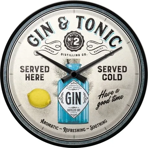 Nostalgic Art 30cm Gin & Tonic Quartz Round Metal Battery Operated Wall Clock - Home & Garden