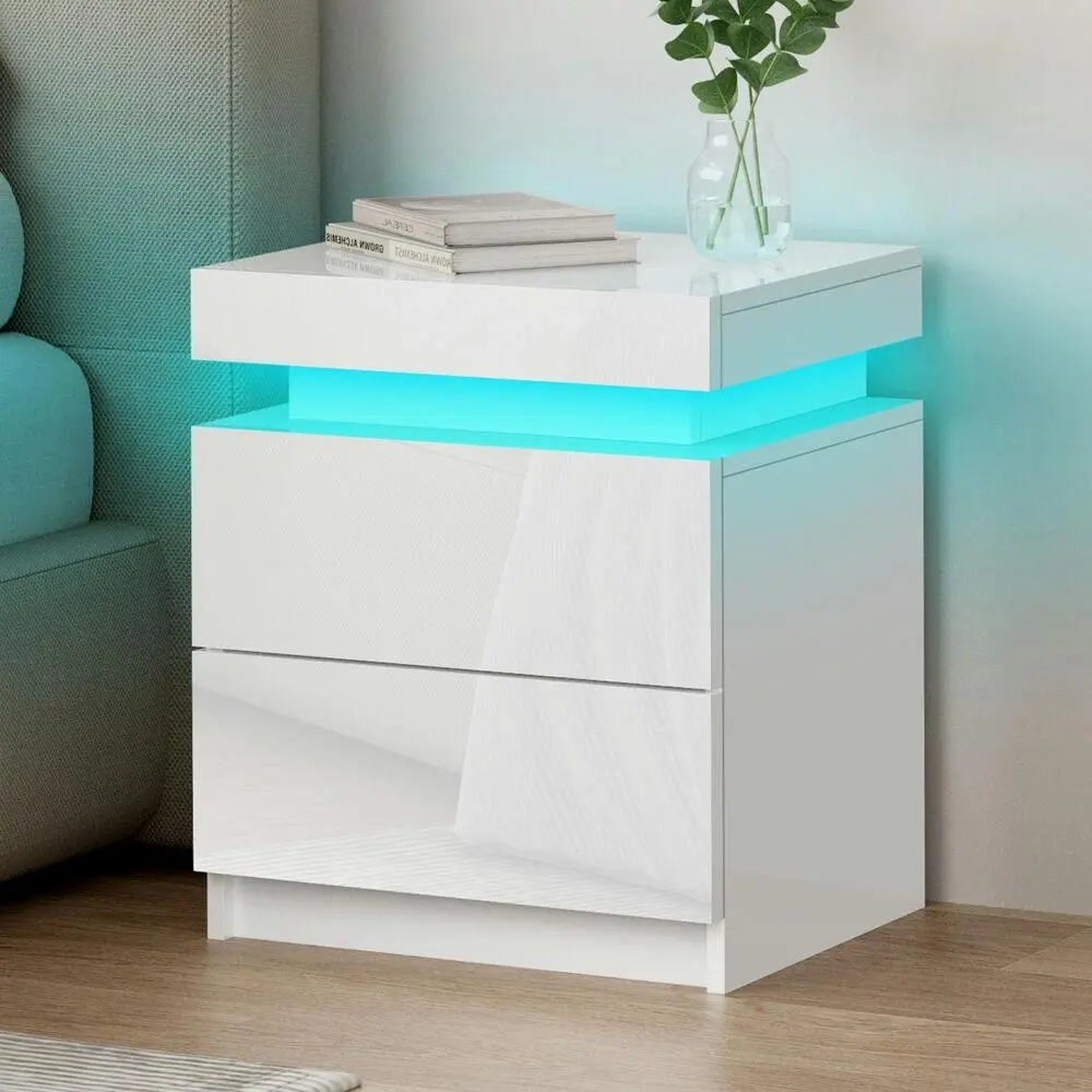 Alfordson Bedside Table LED Gloss White - Furniture