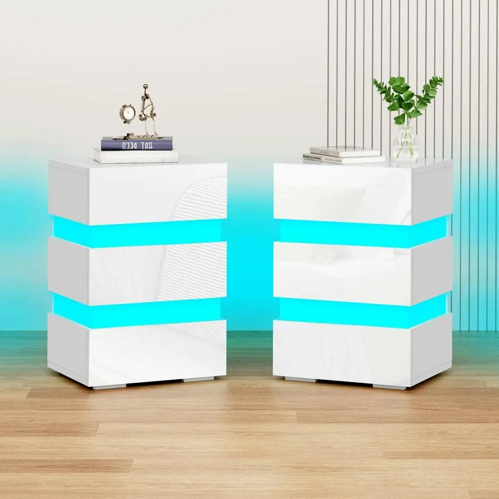 Alfordson 2x Bedside Table RGB LED White - Furniture
