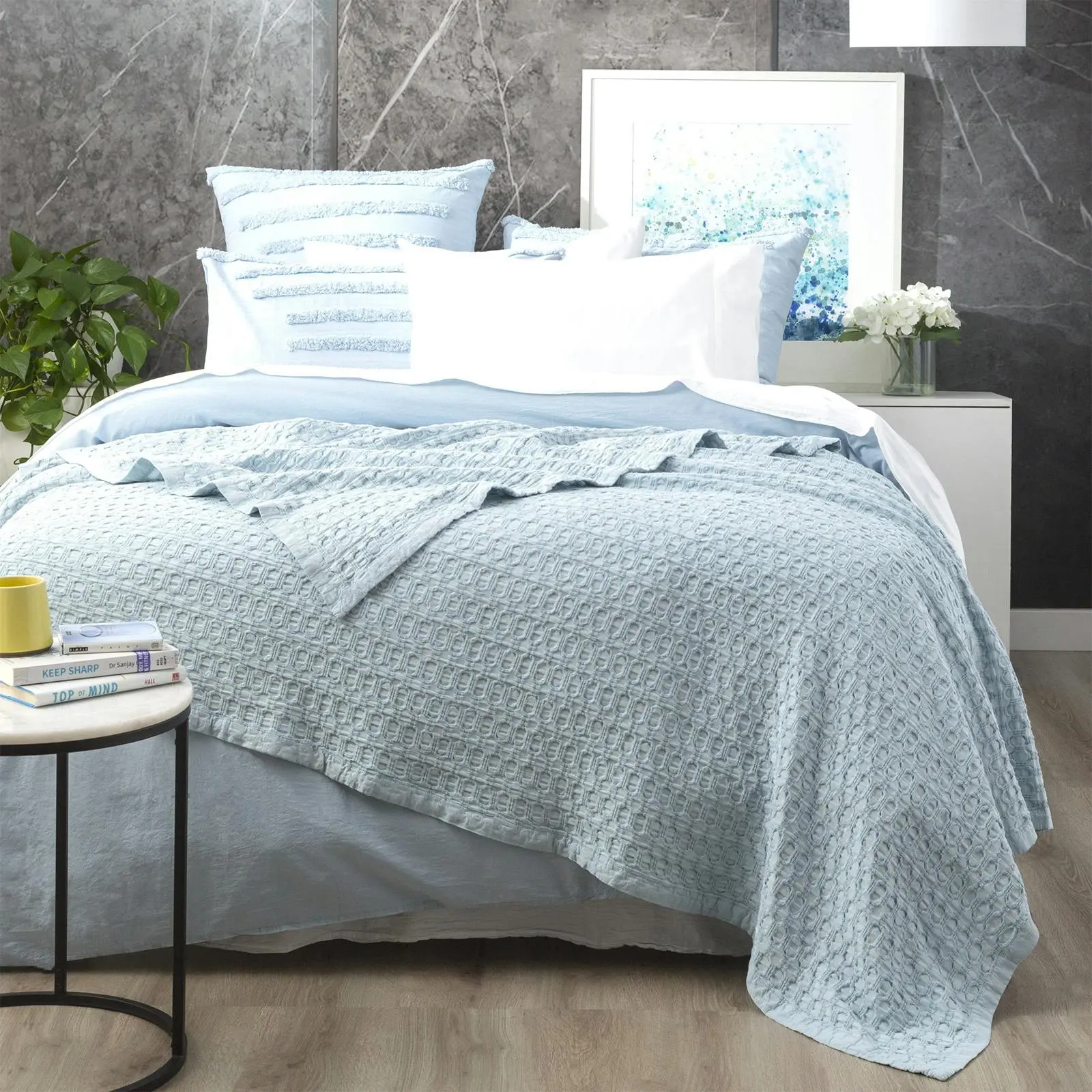Renee Taylor Lexico Queen/King Waffle Blanket 480GSM Cotton Home Bedding Sky - Home & Garden