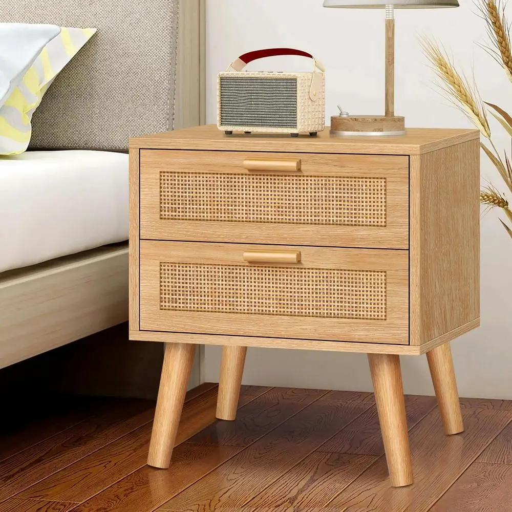 Alfordson Bedside Table Nightstand Side Cabinet Rattan Wood - Furniture