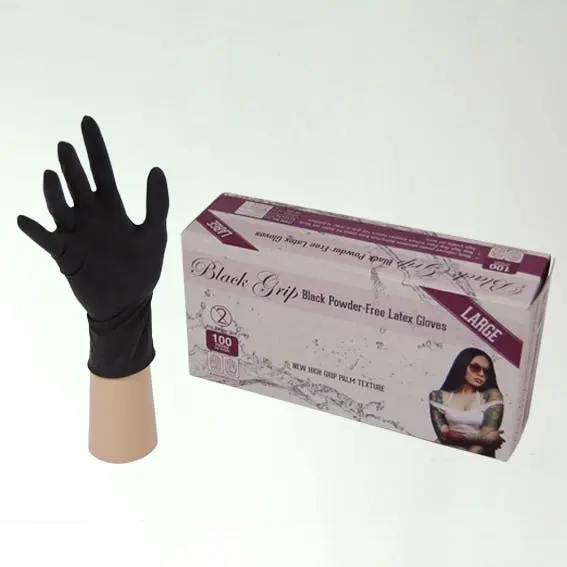 Black Grip Latex Powder Free Large Black Gloves 100 Box - Commercial