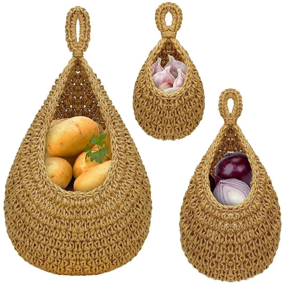 3 Pack Jute Wall Hanging Vegetable Fruit Baskets for Kitchen - Home & Garden