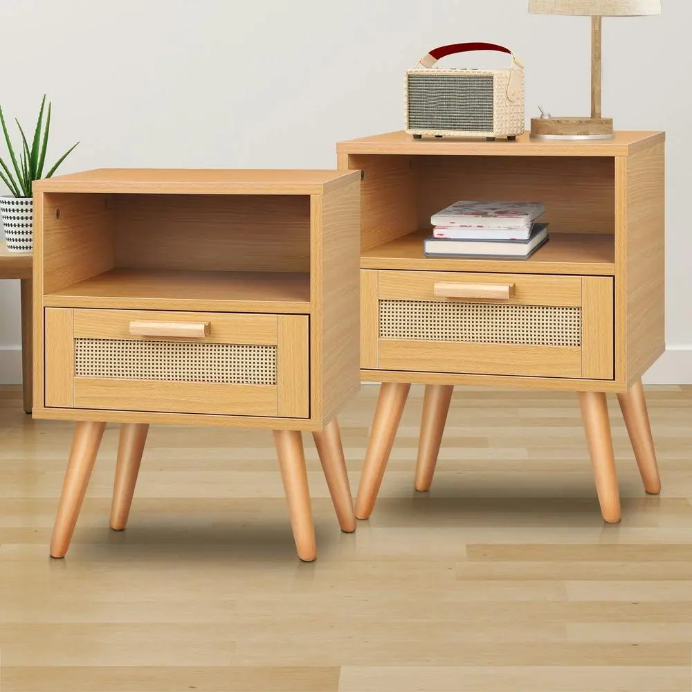 Alfordson 2x Bedside Table Scandinavian Rattan - Furniture