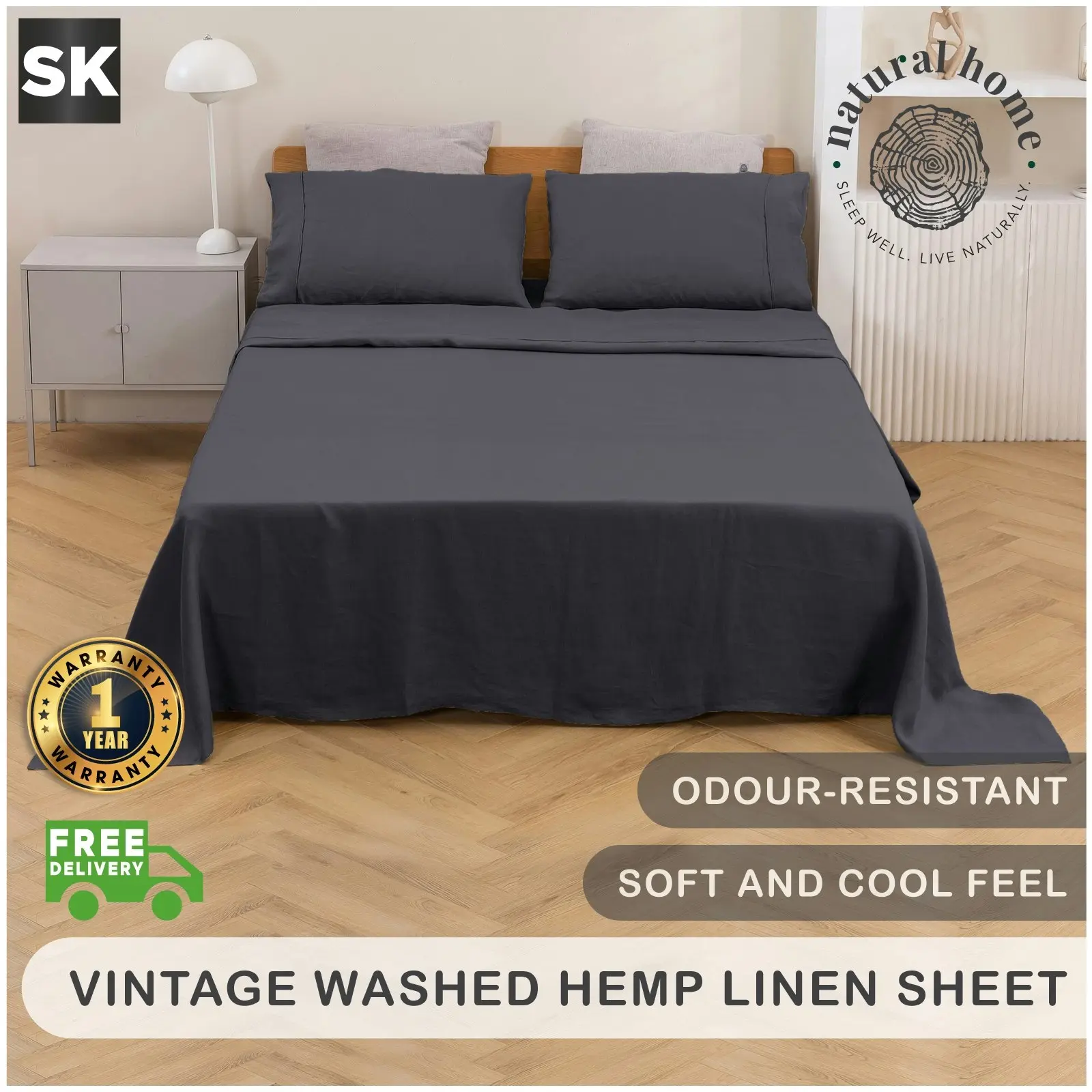 Natural Home Vintage Washed Hemp Linen Sheet Set Charcoal Super King Bed - Home & Garden